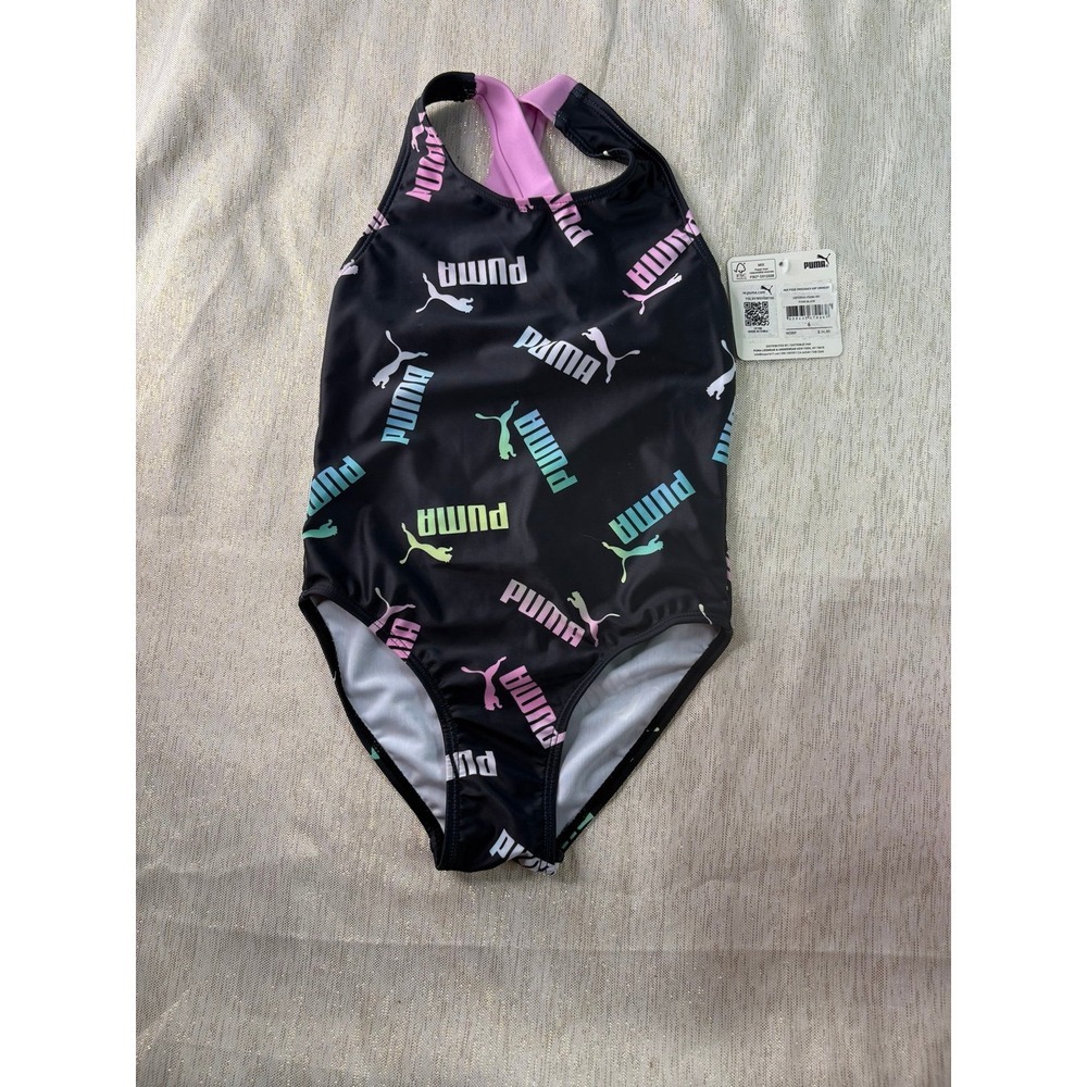 PUMA Girls' Black One-Piece Logo Print Swimsuit with Pink Accents